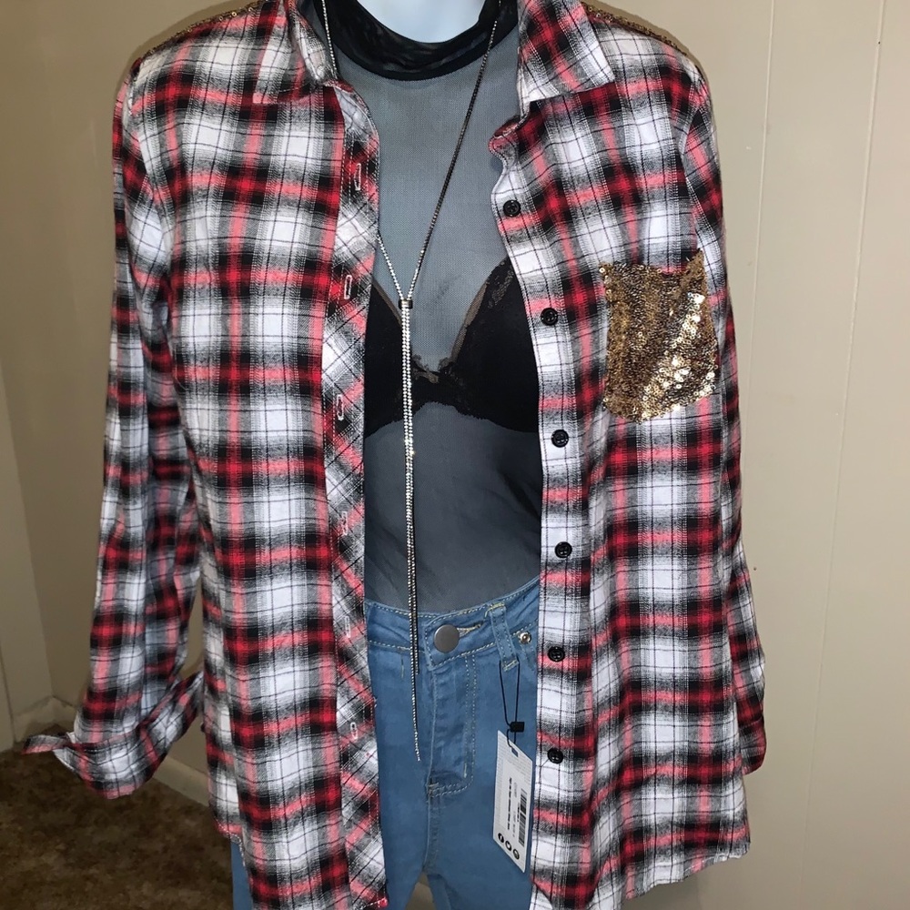 Plaid W/Sequins Accent Button Down Shirt